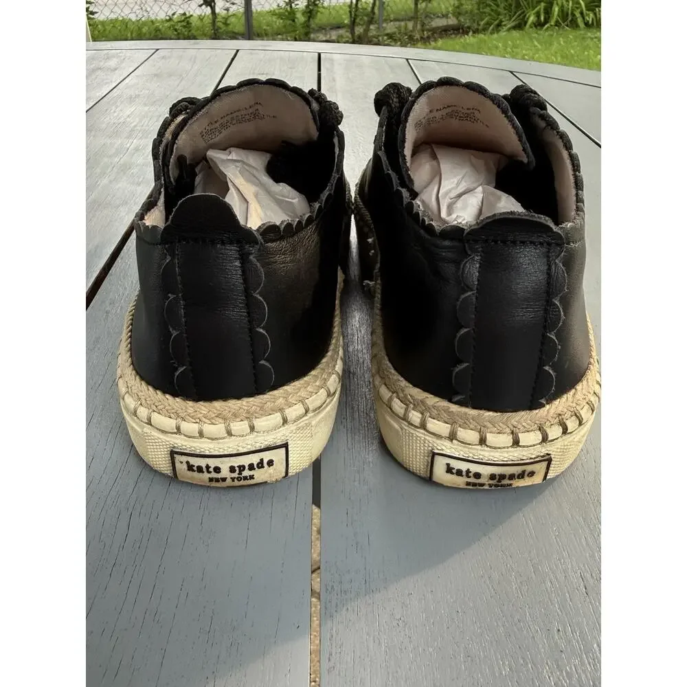 Kate Spade Lena Black Leather Scalloped Espadrille Sneakers Women Size 8M